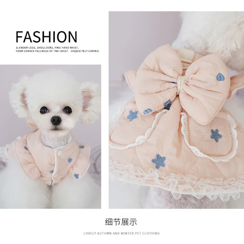 Ropa para perros, ropa de otoño e invierno, vestido grueso de princesa para gatos, ropa acolchada de algodón, suministros para mascotas pequeñas bordados - imagen 5