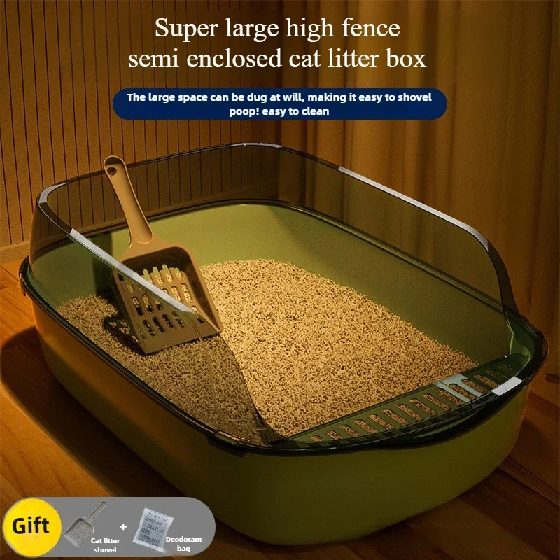 Caja de arena para gatos semicerrada de valla alta de gran tamaño, inodoro grueso para mascotas con pala para arena para gatos, suministros para mascotas - imagen 4