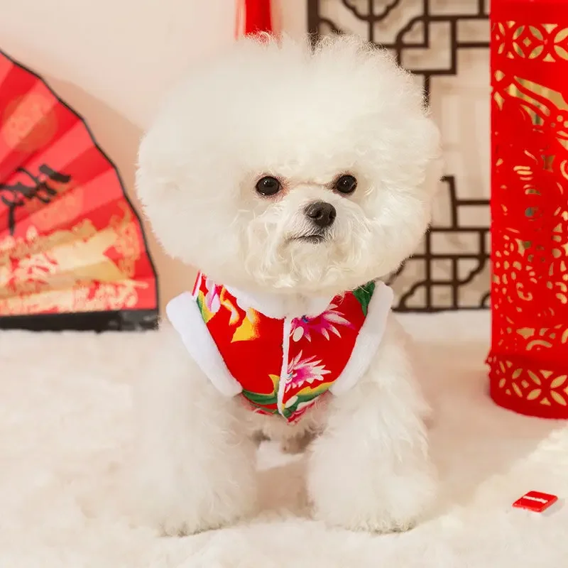 Chaqueta acolchada de flores grandes de estilo nacional, ropa para cachorros y perros, ropa cálida de terciopelo de dos pies para mascotas - imagen 3