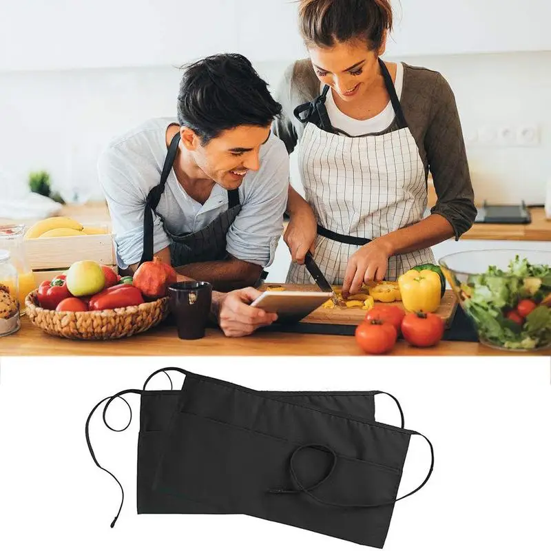 Delantales de servidor para mujer y hombre, accesorio resistente al agua con 3 bolsillos, costuras reforzadas, medio delantal para servidor de restaurante - imagen 4
