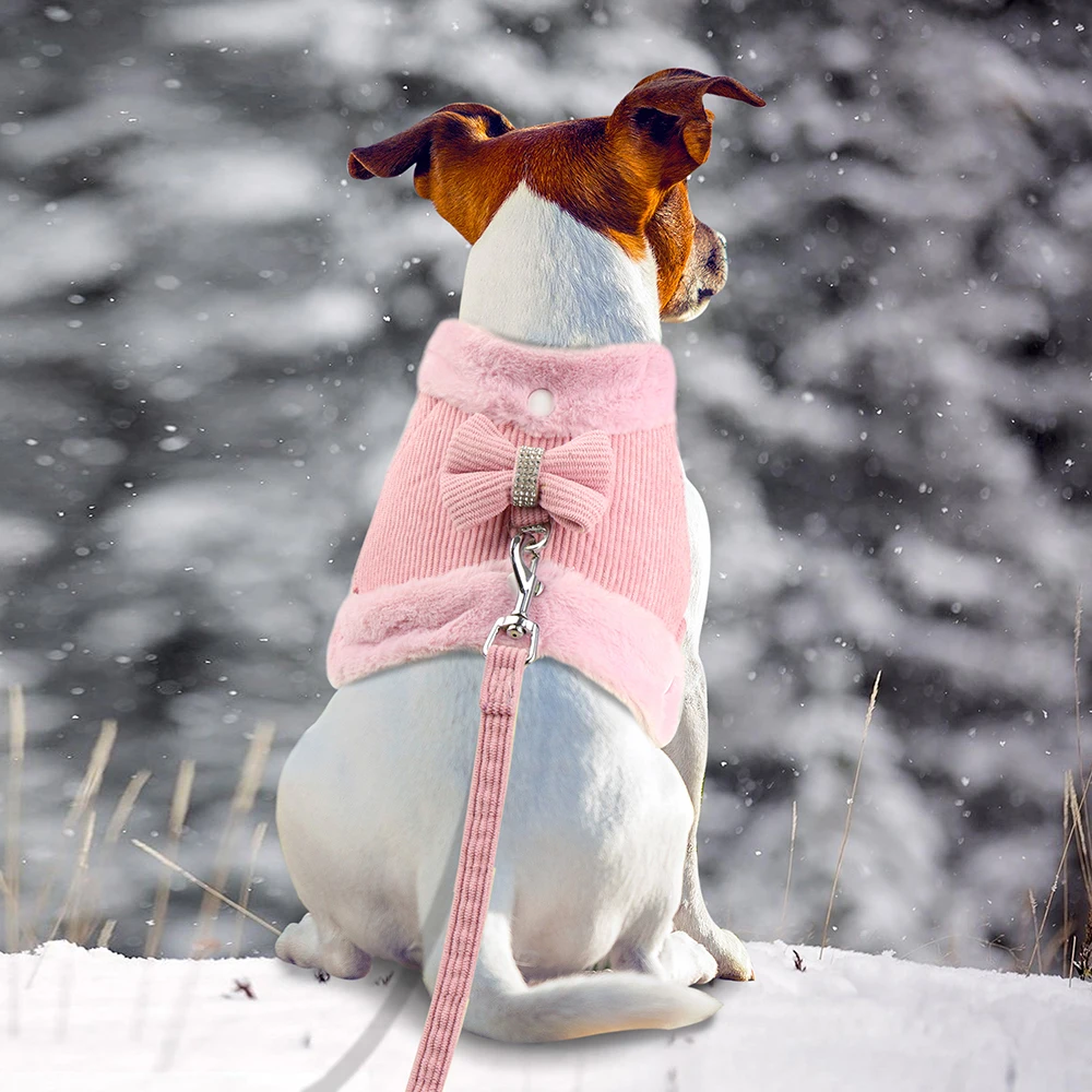 Conjunto de arnés y correa para perro, chaleco con cuello de piel suave y pajarita para Pug, Yorkie, color rosa, cálido, invierno - imagen 5