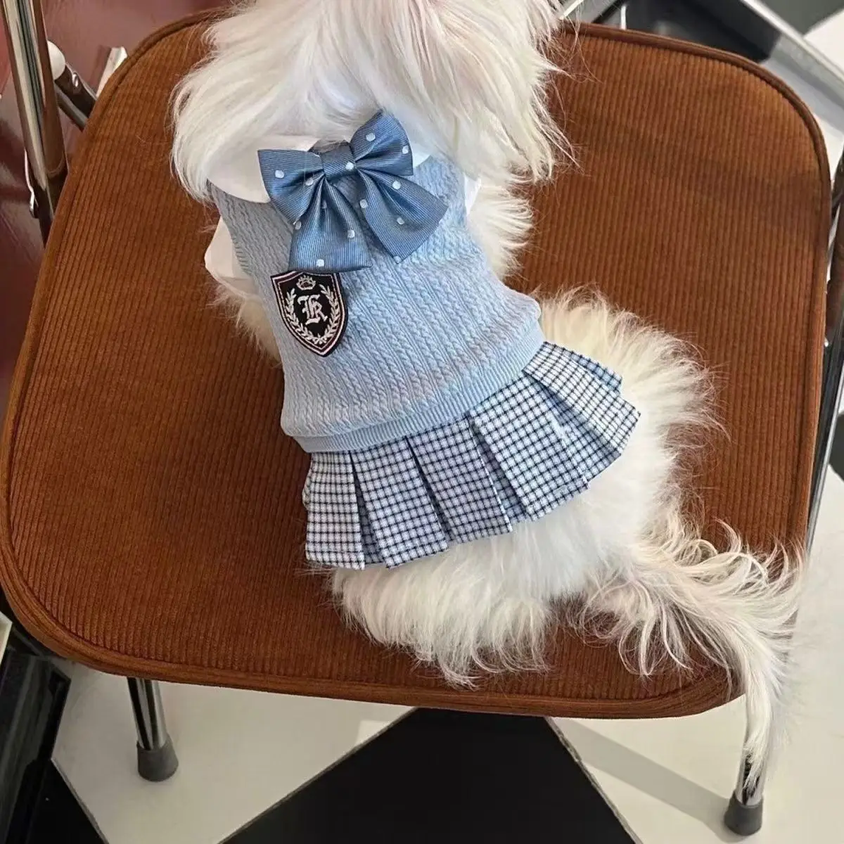 Vestido universitario de otoño e invierno, suéter para mascotas, vestido a cuadros para mascotas, ropa para perros pequeños y gatos, pajarita bonita, ropa para perros pequeños - imagen 3