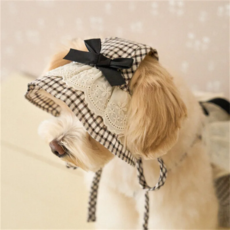Vestido a cuadros de primavera para mascotas, conjunto de sombrero bonito, ropa para perros y gatos, falda de princesa a cuadros de encaje con lazo, ropa para cachorros pequeños - imagen 2