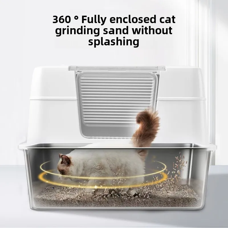 Caja de arena para gatos de acero inoxidable, extragrande, completamente cerrada, resistente al agua, fácil de limpiar, productos para mascotas, accesorios de limpieza, sartenes para gatos - imagen 2