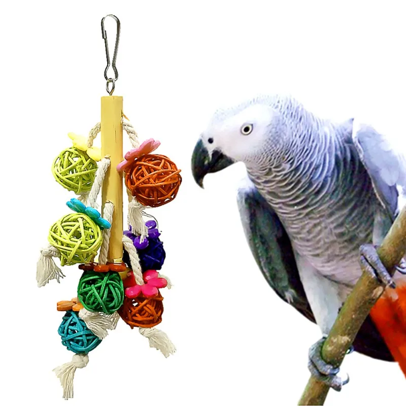 Juguetes para pájaros con bloques de madera Natural multicolor, campanas y jaula de cuerda duradera, palos de masticar colgantes, juguetes para cacatúas de loros - imagen 2