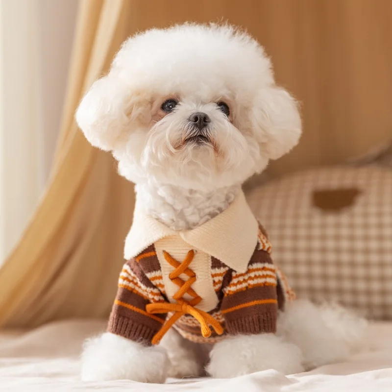 Suéteres a rayas para mascotas, ropa de invierno para cachorros, Polo tejido, suéter para perros, abrigo cálido para perros, disfraz de Bichon Chihuahua, ropa para gatos 2025 - imagen 2