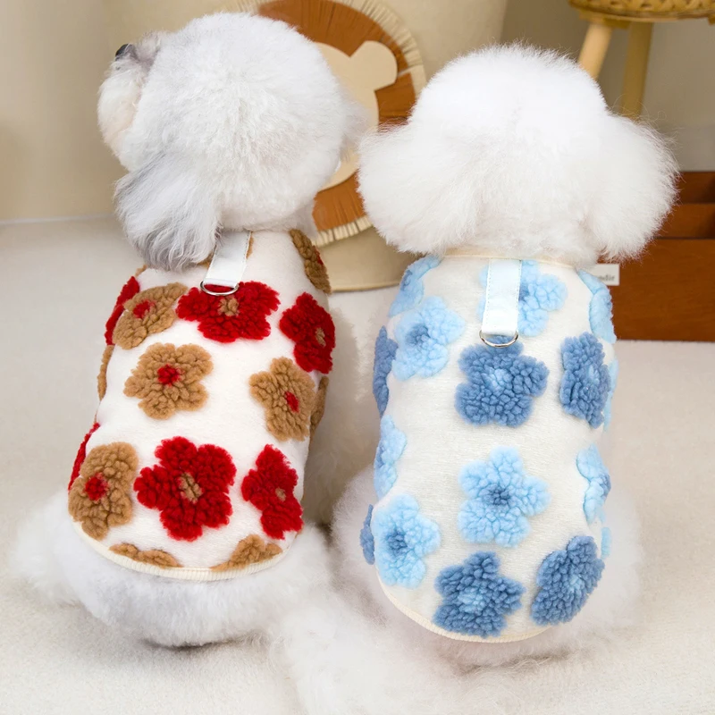 Ropa de lana para perros, chaleco cálido de invierno, chaqueta para perros con patrón de flores 3D, ropa para mascotas azul y roja, abrigo, chaqueta para perros pequeños Chiwawa L - imagen 2