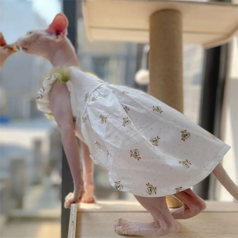Vestido de algodón de encaje floral Sphynx con cinturón para el cabello de gato traje para gatos hembras falda de princesa suspendida verde de verano chaleco para gatitos - imagen 5