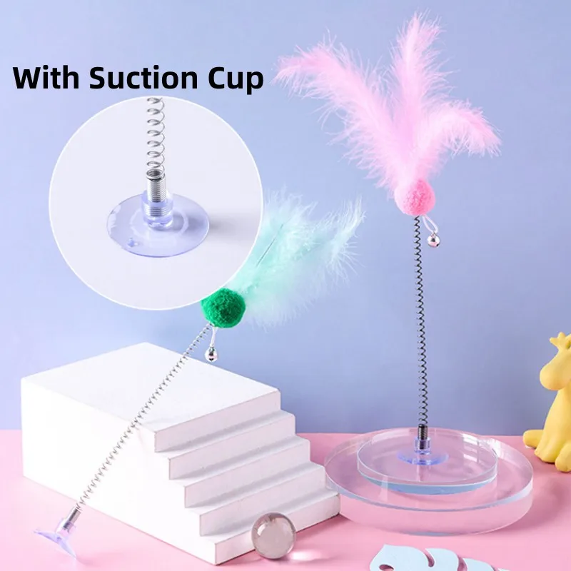 Juguete de pluma de primavera para gatos, palo interactivo de bola de lana con campana, ventosa, palos para mascotas - imagen 4