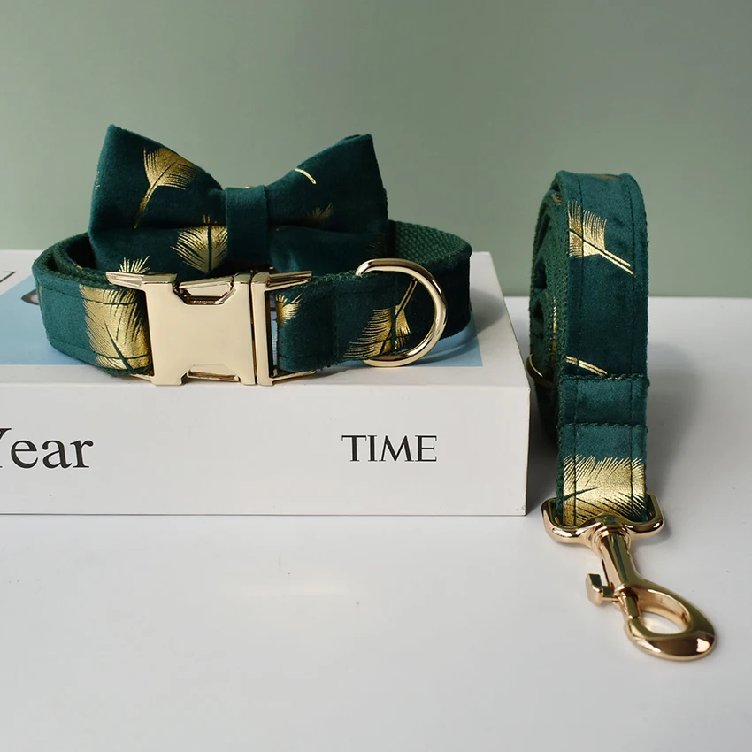 Collar verde, tela de calidad de terciopelo personalizada para perros pequeños, medianos y grandes, piezas de Metal personalizadas, accesorios para mascotas, franela 25 - imagen 2