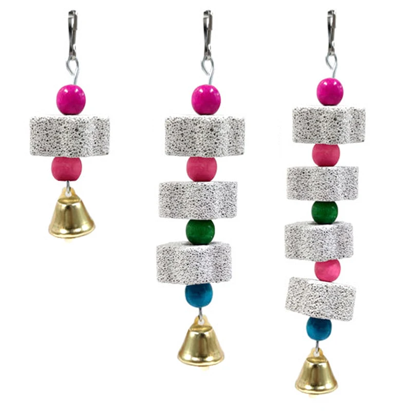 Jaula para pájaros de juguete, piedra Molar Mineral, juguete para masticar, forma de flor, tipo colgante con campanas, juguete con sonido para loros, accesorios para pájaros - imagen 5