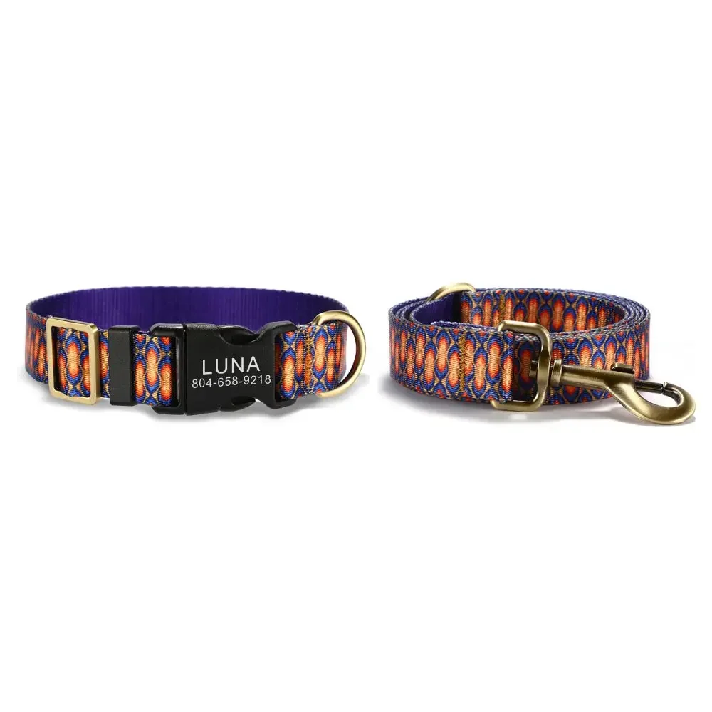 Collar de perro personalizado, correas a juego, hebilla de contactos con nombre de identificación personalizado, collares para mascotas ajustables con fuego azul