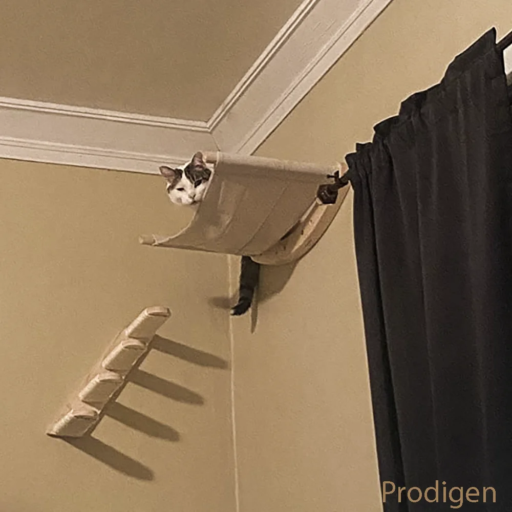 Hamaca montada en la pared para gatos, muebles de madera maciza, combinación de perchas, árbol de escalada para jugar y descansar - imagen 5