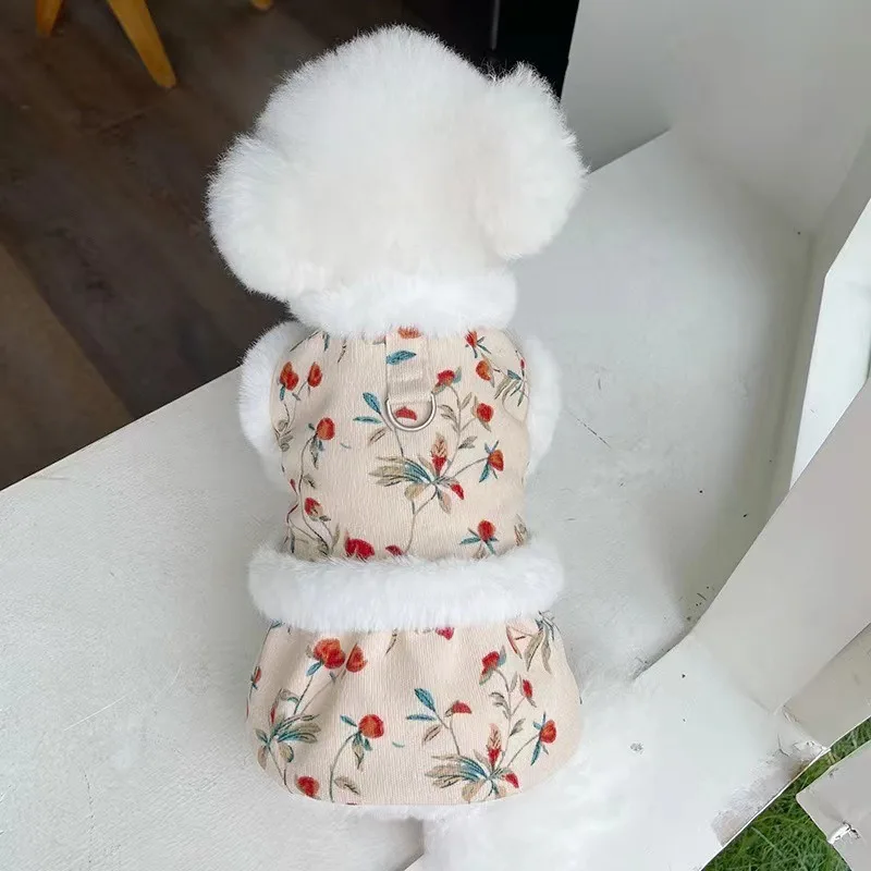 Chaleco de felpa Floral para mascotas, vestido Floral de felpa para año nuevo, oso de peluche, perro, gato, chaleco de tracción, ropa para cachorros, otoño e invierno, nuevo - imagen 3