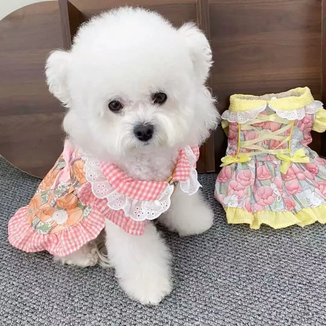 Vestido a cuadros de primavera y verano para mascotas, vestido de princesa para gatos, Falda corta esponjosa, chaleco de peluche para perros pequeños, ropa para cachorros pequeños - imagen 3