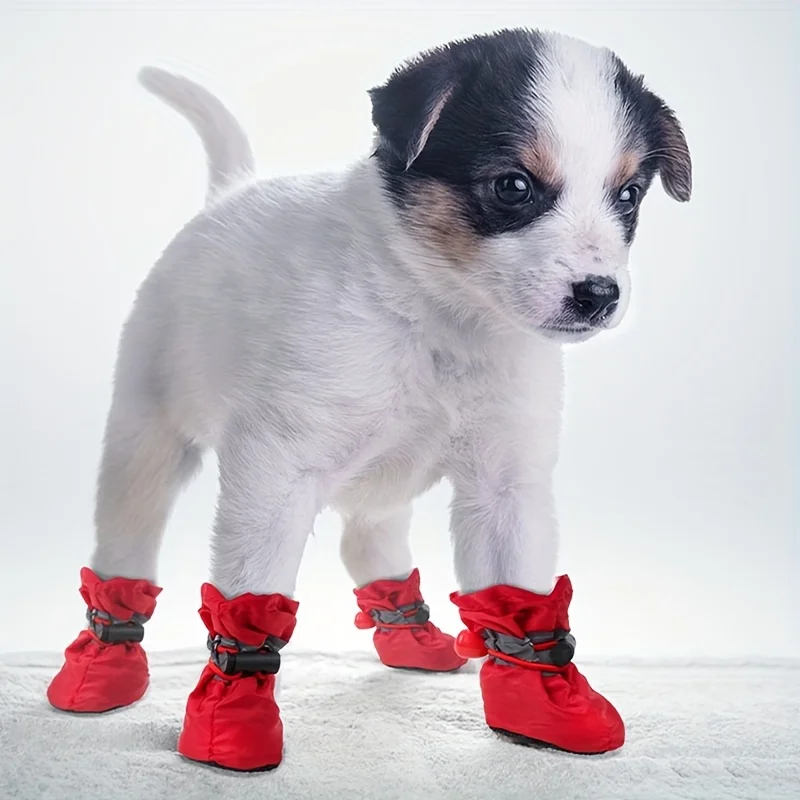 4 unids/set zapatos impermeables para perros, botas reflectantes para perros, zapatos antideslizantes para cachorros, Botas de nieve suaves para la lluvia al aire libre para perros pequeños - imagen 3