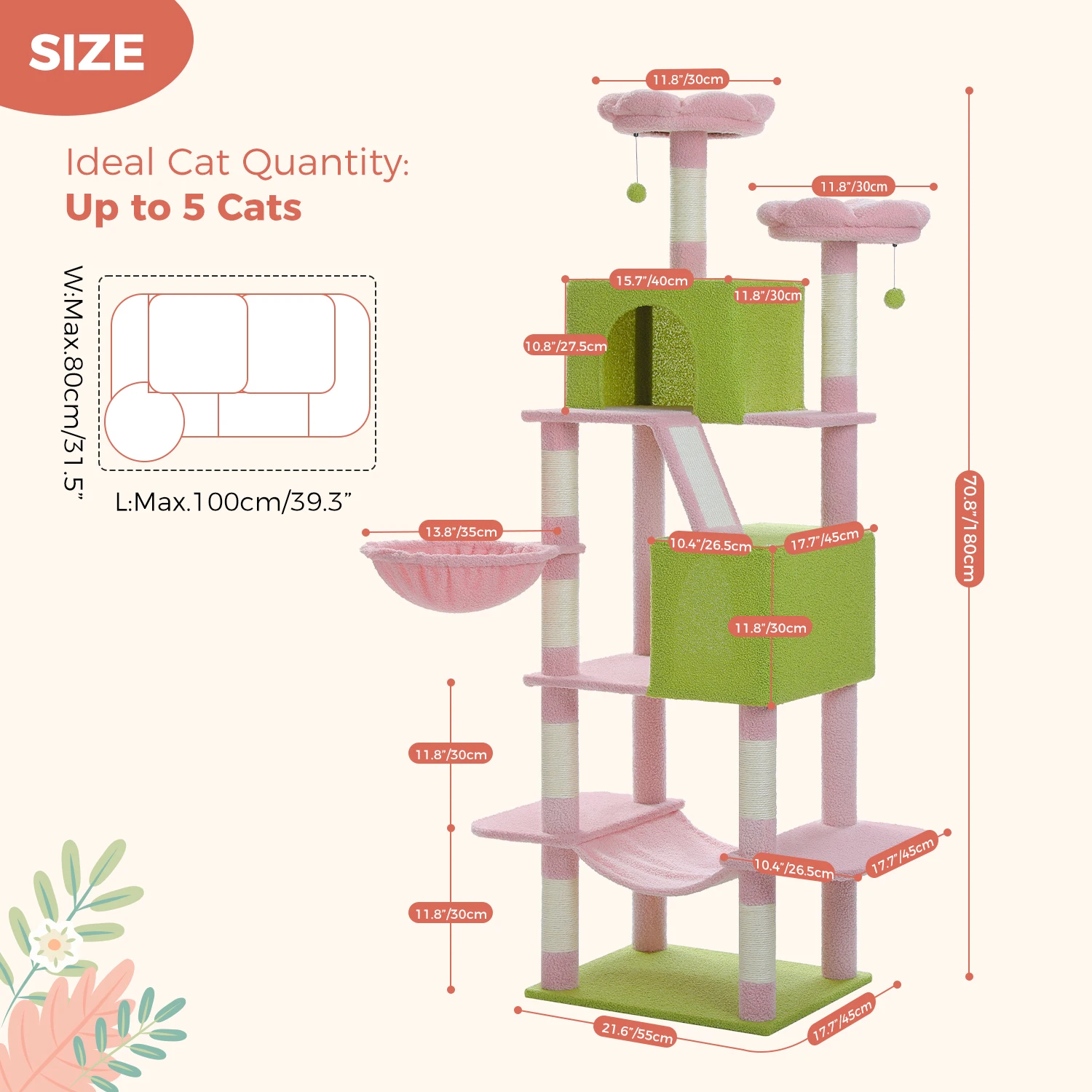 Árbol para gatos estable de 180cm, torre para gatos de varios niveles con 9 áreas para rascar, hamaca de felpa, 2 ocultos espaciosos y acogedores, perca superior, cesta de percha - imagen 5