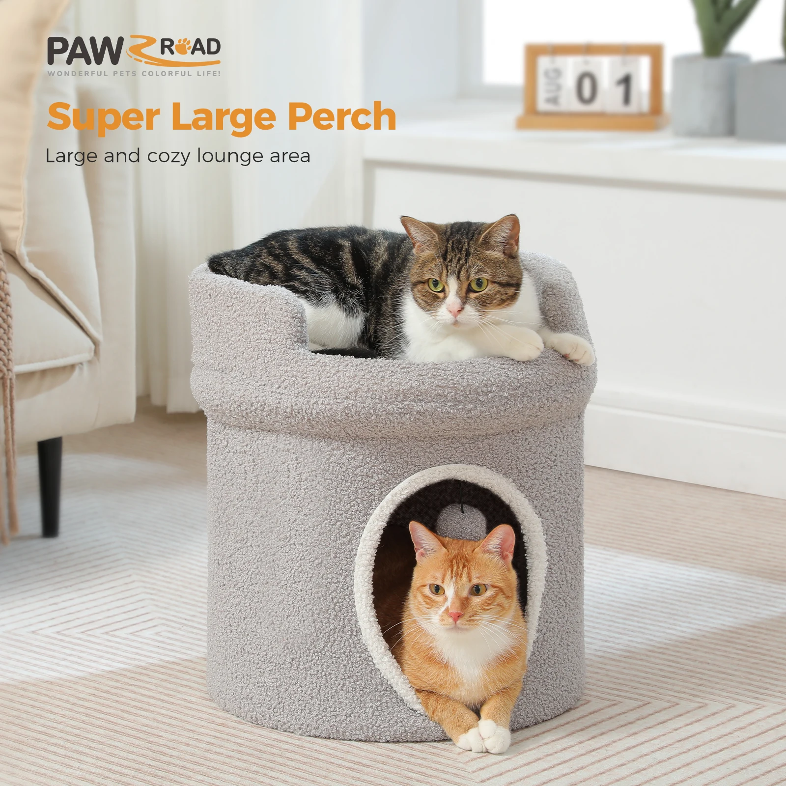 Condominio para gatos de dos pisos para casa de gatos de interior con pompones Cama grande para gatos con percha de flores suave Condominio acogedor y espacioso para gatos múltiples - imagen 2
