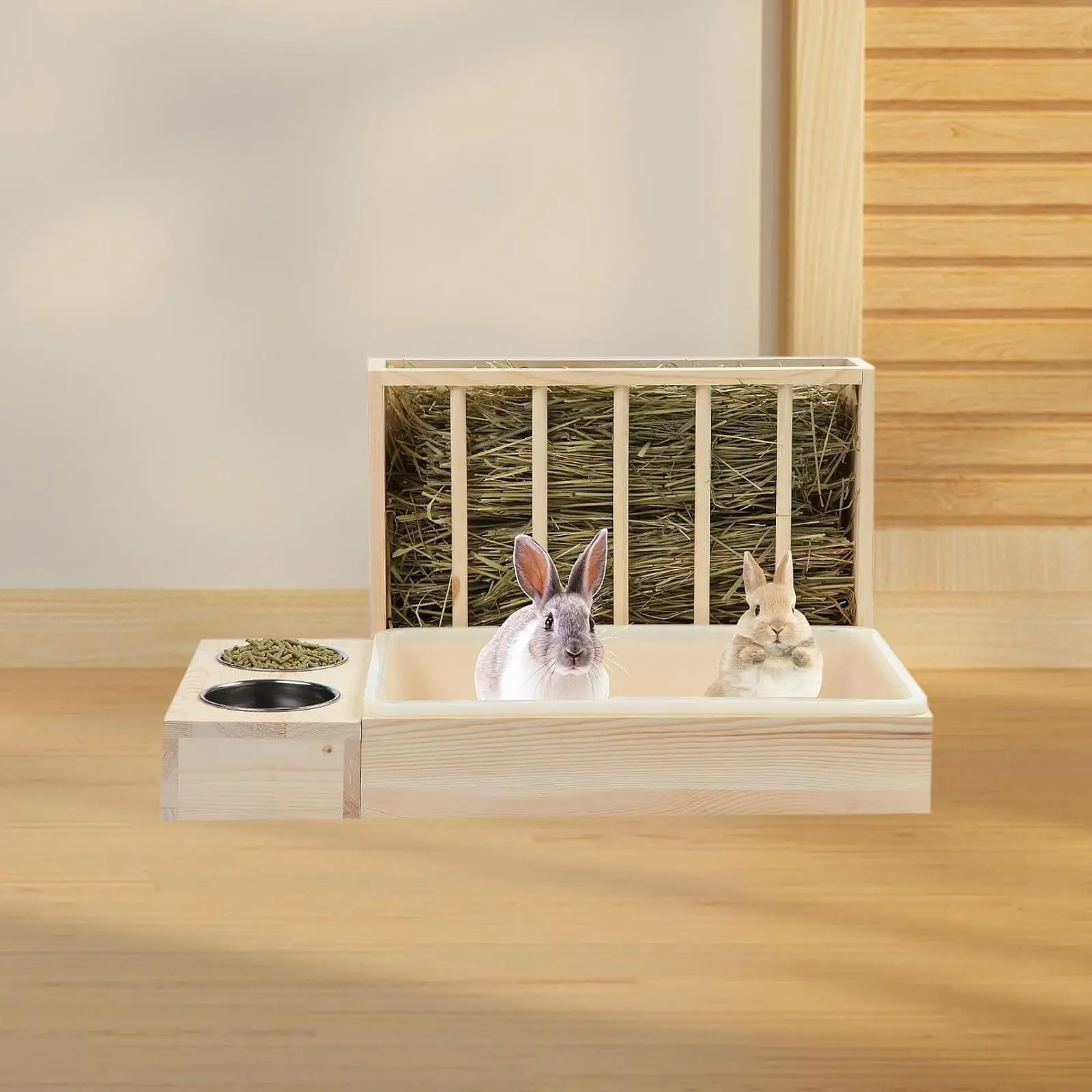 3 in 1 Rabbit Hay Feeder with Litter Box,Wooden,Food Feeding Hay Manger with Bowls Bunny Hay Feeder for Small Animals Hamster
