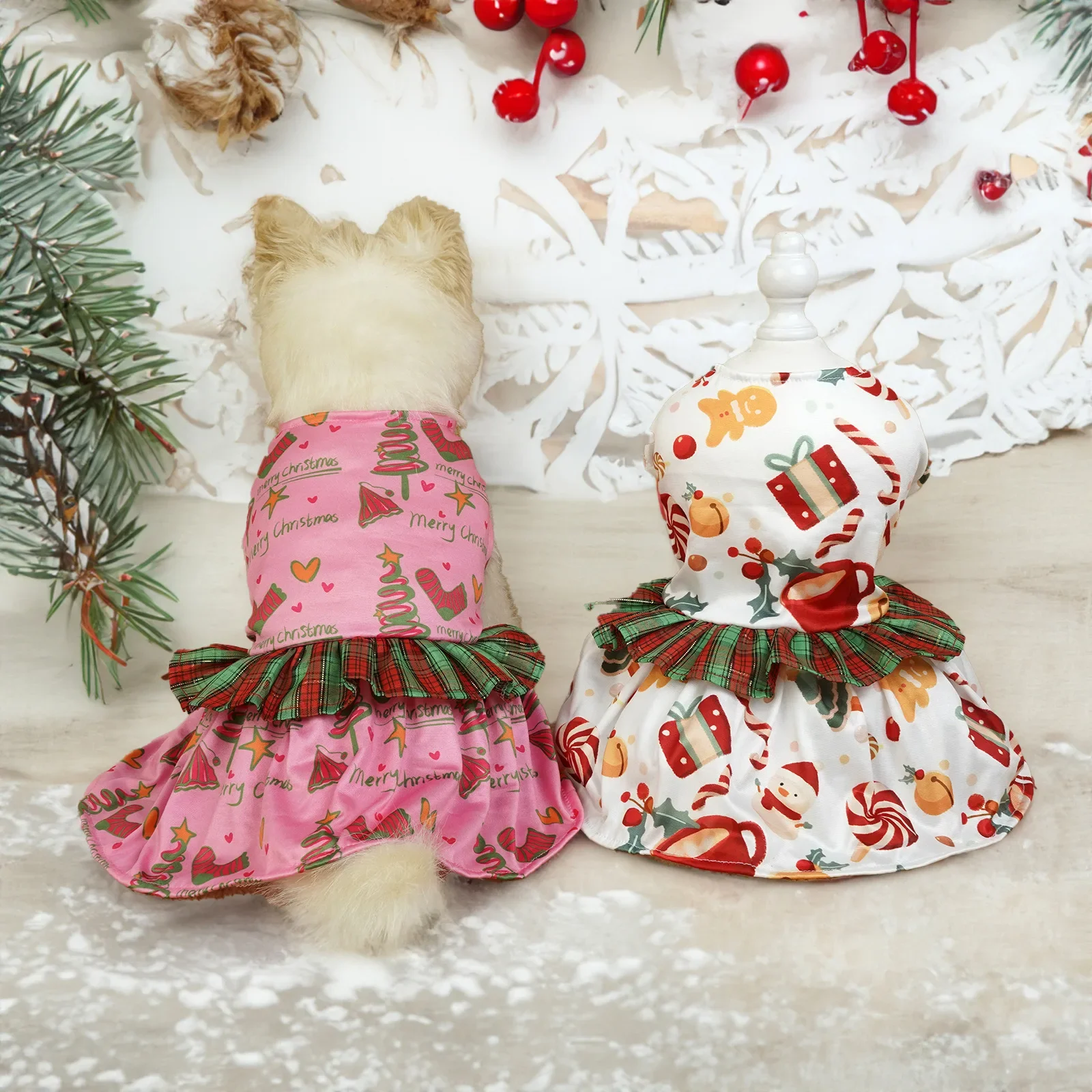 Traje de vacaciones para perros pequeños y medianos, vestido navideño para perros, bonito árbol de Navidad, estampado de muñeco de nieve, falda de princesa para cachorros, ropa festiva para - imagen 4