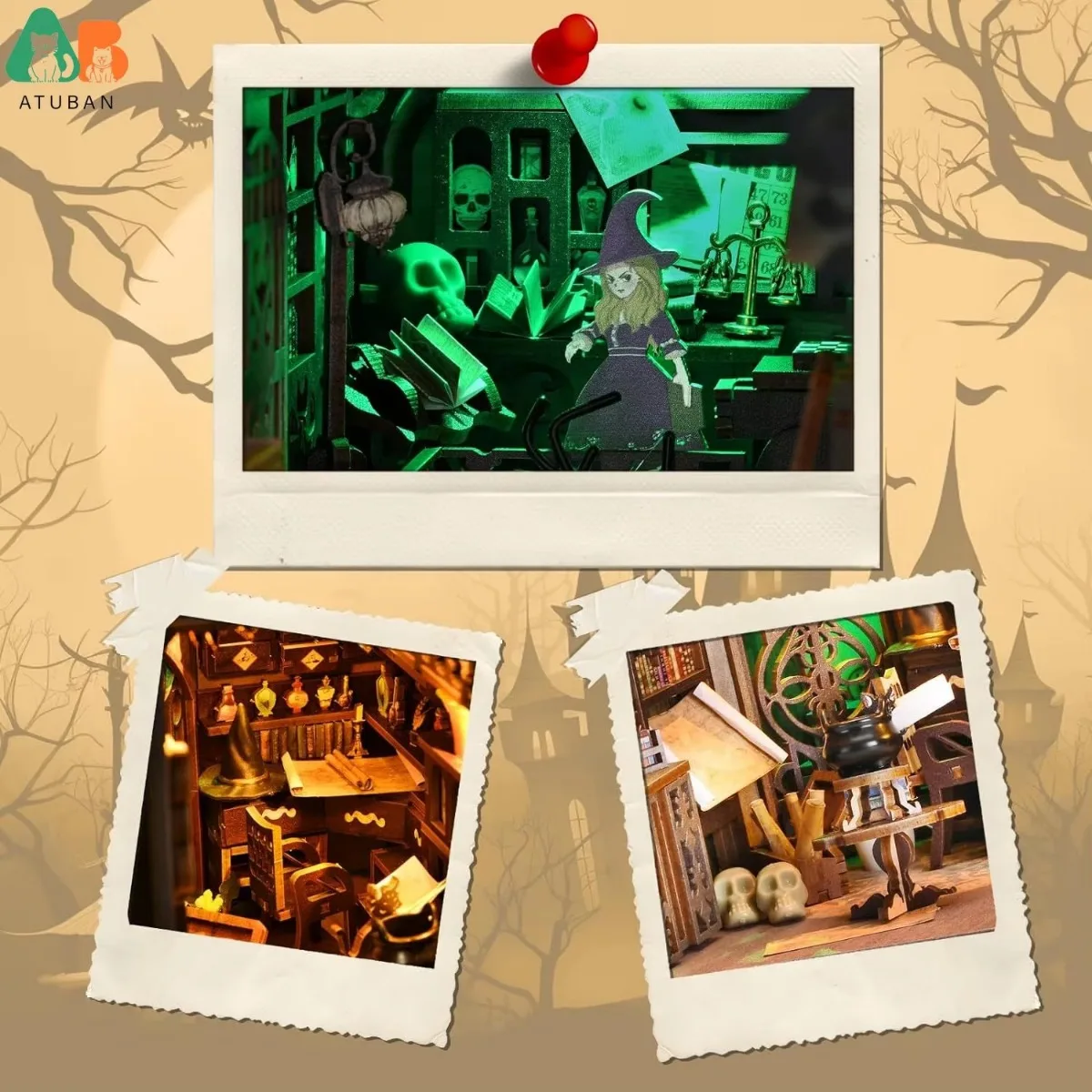 ATUBAN-Kits de rincón de libros DIY para adultos, rompecabezas de madera 3D, Kit de casa en miniatura para decoración de inserción de estantería, sujetalibros DIY, casa pequeña - imagen 3