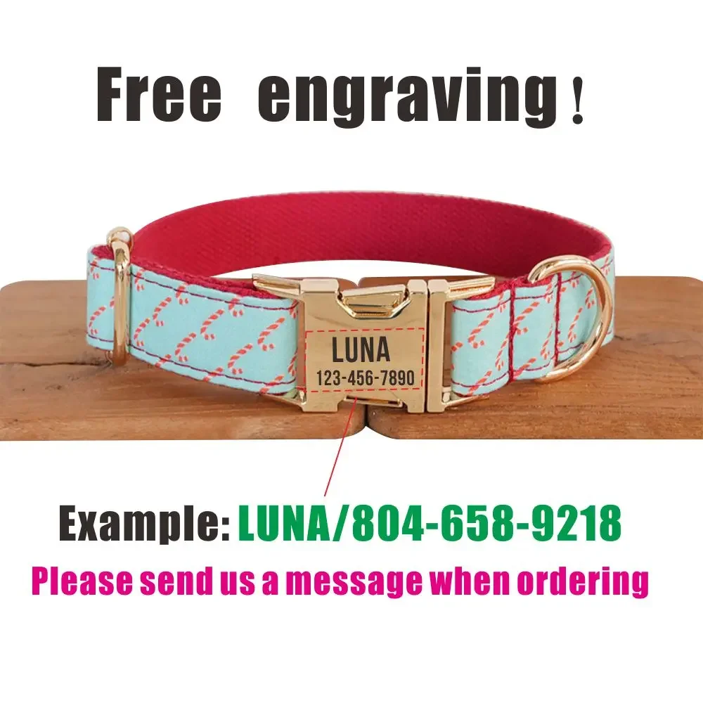 Collar de perro personalizado, correas a juego, contactos de nombre de identificación personalizados, hebilla de Metal, collares ajustables para perros y mascotas con caña de Navidad - imagen 4