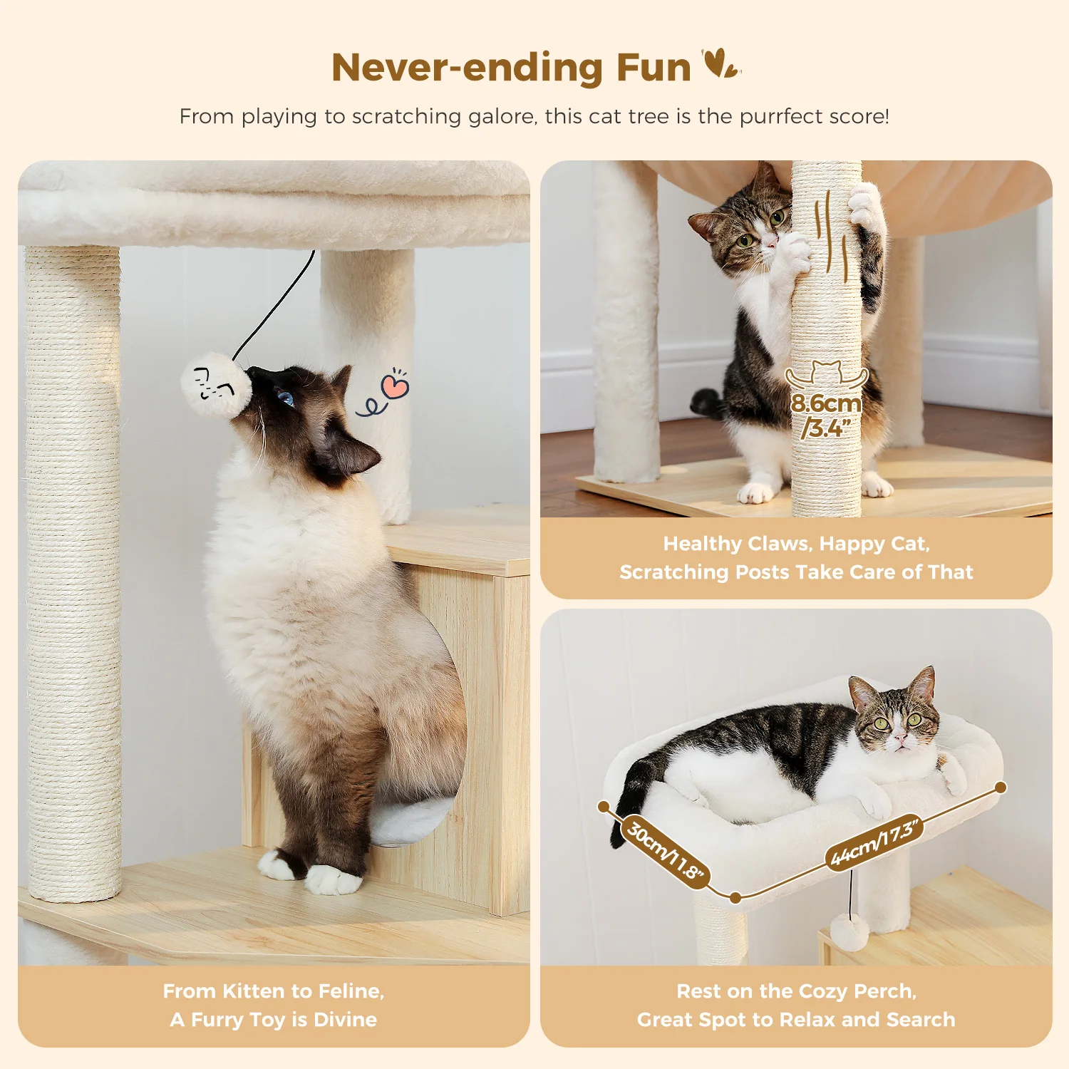 Árbol de madera para gatos con postes rascadores de Sisal, hamaca grande, cama de felpa, torre para gatos moderna de varios niveles, Condo para gatos de interior, juguetes para gatos