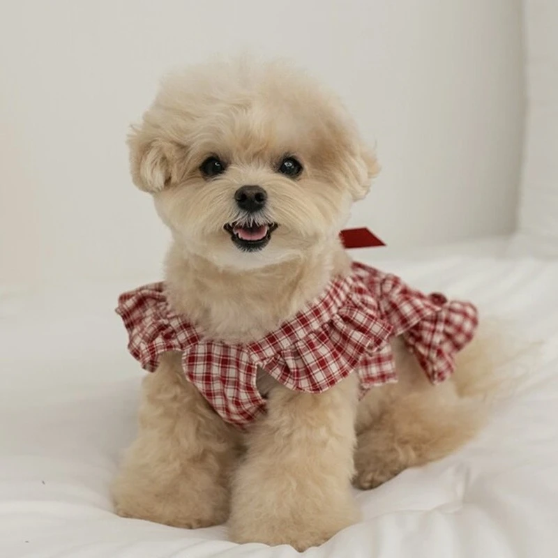 Vestido bonito a cuadros de primavera para mascotas, camisa con lazo para perros y gatos, accesorios para cachorros, vestidos para perros pequeños, ropa de Navidad - imagen 4