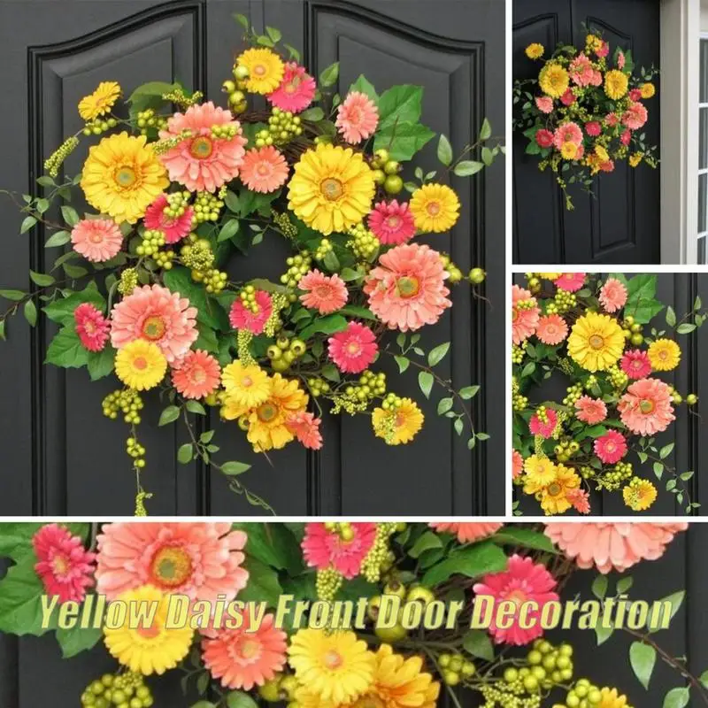 Corona de girasol amarilla para puerta delantera, decoración de primavera para porche, 15 pulgadas - imagen 2