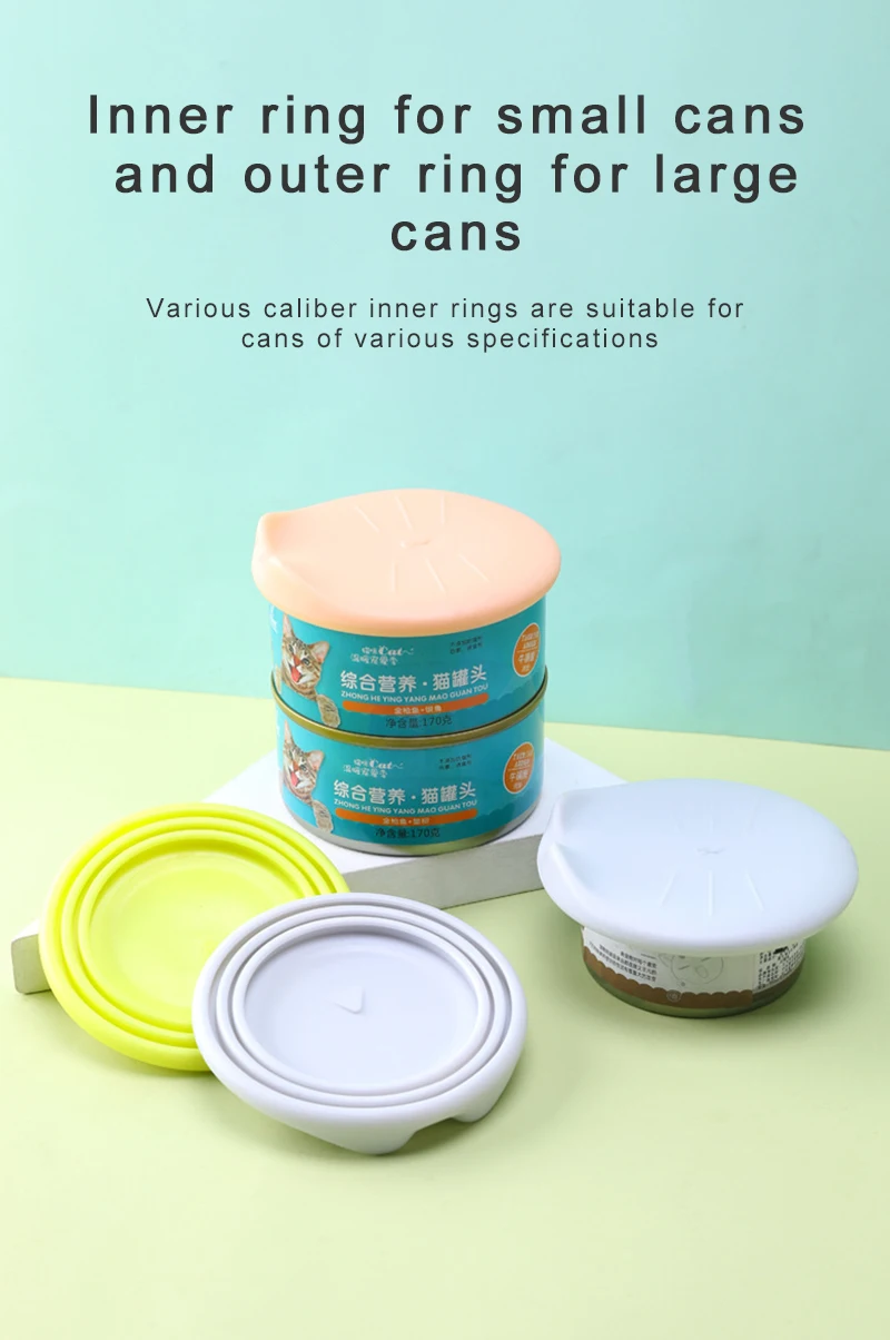 Tapa de silicona colocada sobre diferentes tamaños de lata