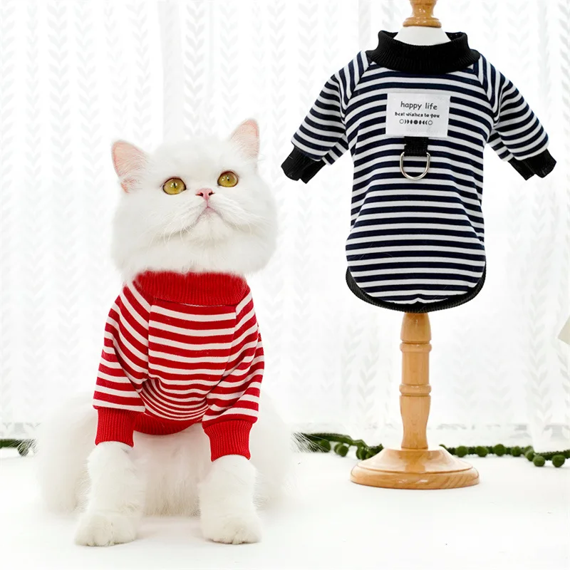 Ropa de otoño e invierno para gatos, sudaderas con capucha a rayas para perros y gatos, jersey con forro polar para cachorros, sudadera para perros pequeños, gatos, mascotas Aaaprel - imagen 4