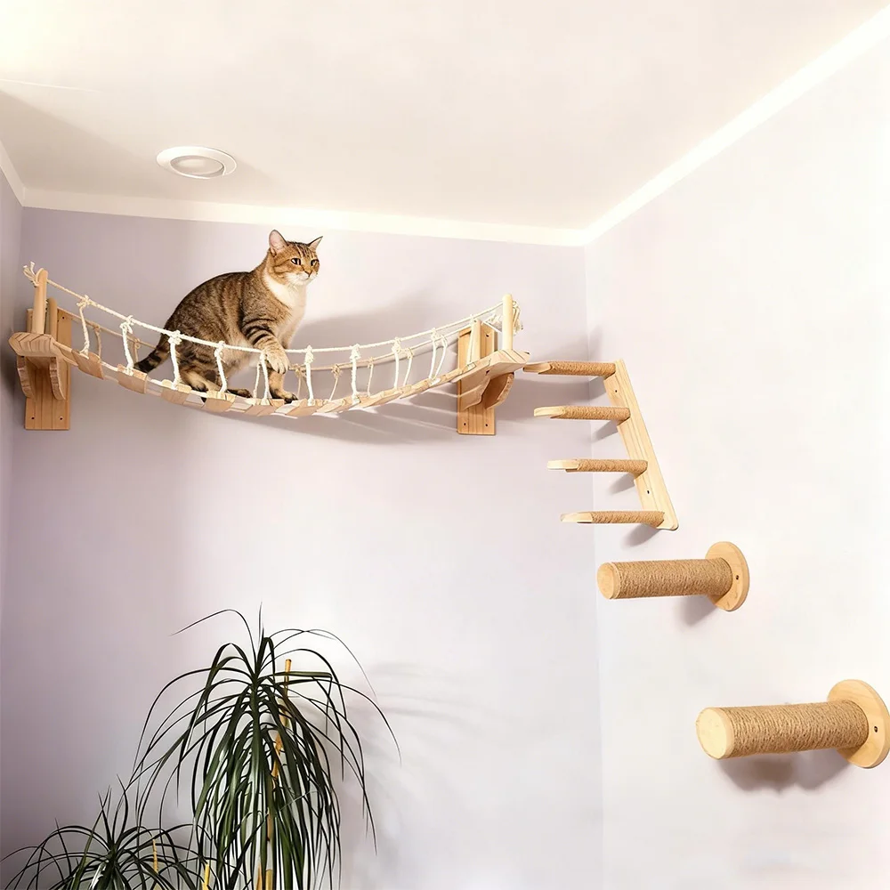 Puente de cuerda para gatos montado en la pared de 1m, pasarela colgante para gatos con cuerda y puente colgante de madera para gatos de interior, estantes para gatos y gatitos - imagen 5
