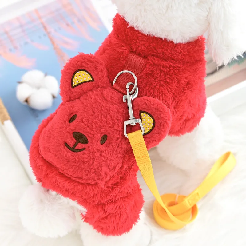 Ropa de lana suave para perros, mono para perros de otoño e invierno, bonito abrigo para cachorros con bolsillo de oso, ropa para perros de cuatro patas, pijamas para mascotas Chihuahua - imagen 4