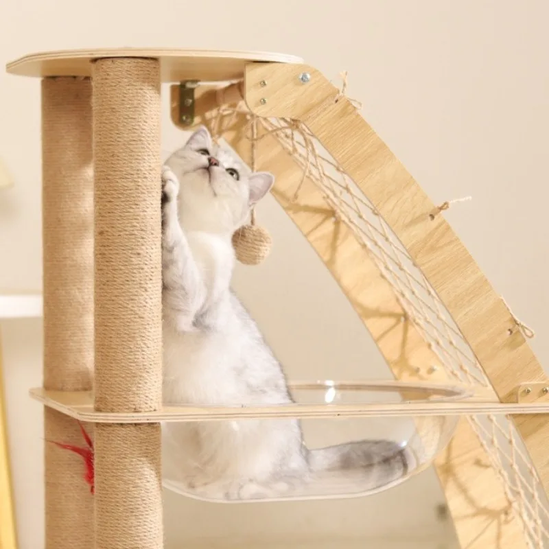 Árbol de madera para gatos con red de escalada, cama transparente para gatos, poste rascador, muebles estables para gatos, casa de juegos de actividades para gatos y gatitos de interior - imagen 4