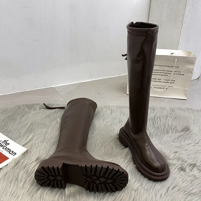 Botas hasta el muslo de cuero suave para mujer, zapatos hasta la rodilla, tacón cuadrado, otoño e invierno, 2023