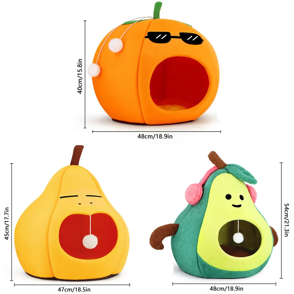 Cama para mascotas con forma de fruta de aguacate/calabaza/pera con bola interactiva colgante, casa para gatos para relajación y siesta de gatos en interiores - imagen 2