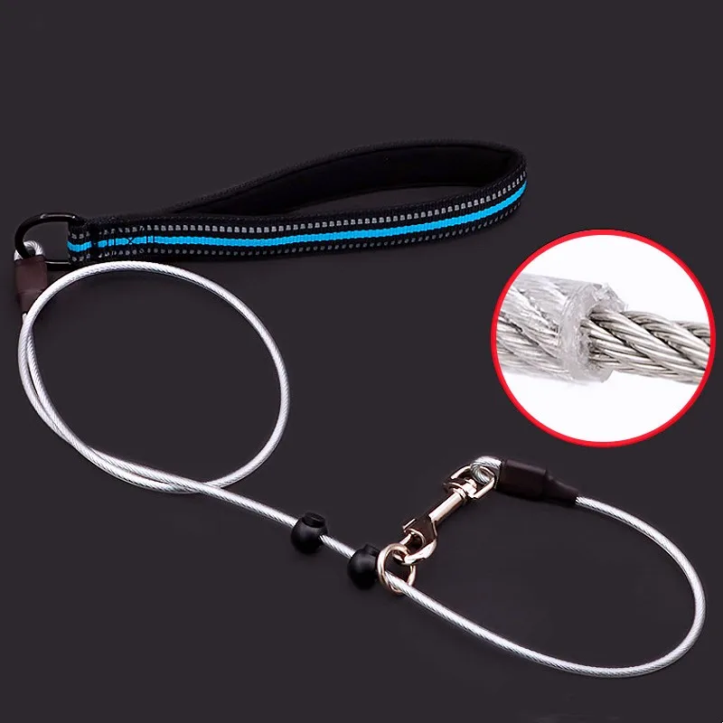 Correa para perro, cadena P, correa de alambre de acero para caminar, correas antimordeduras para perros, cuerda P reflectante, mango cómodo, cadena para perros de 120cm