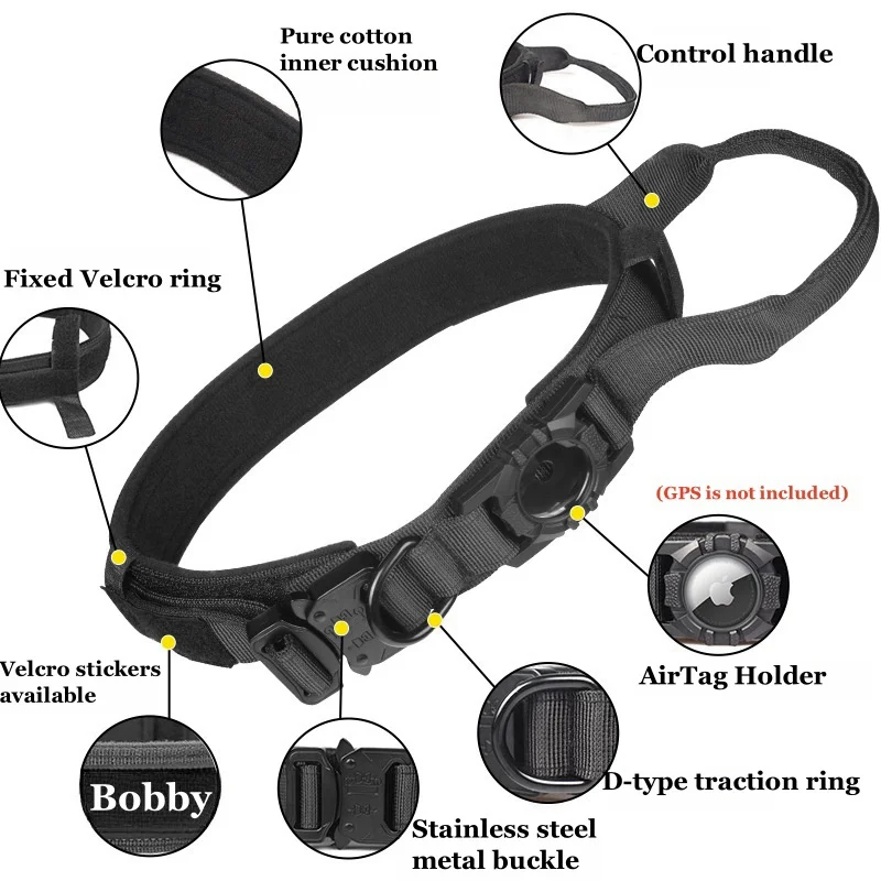 Ajustable con soporte AirTag Collar táctico para perros, cómodo acolchado y mango con hebilla de metal Collar GPS para perros medianos y grandes - imagen 2