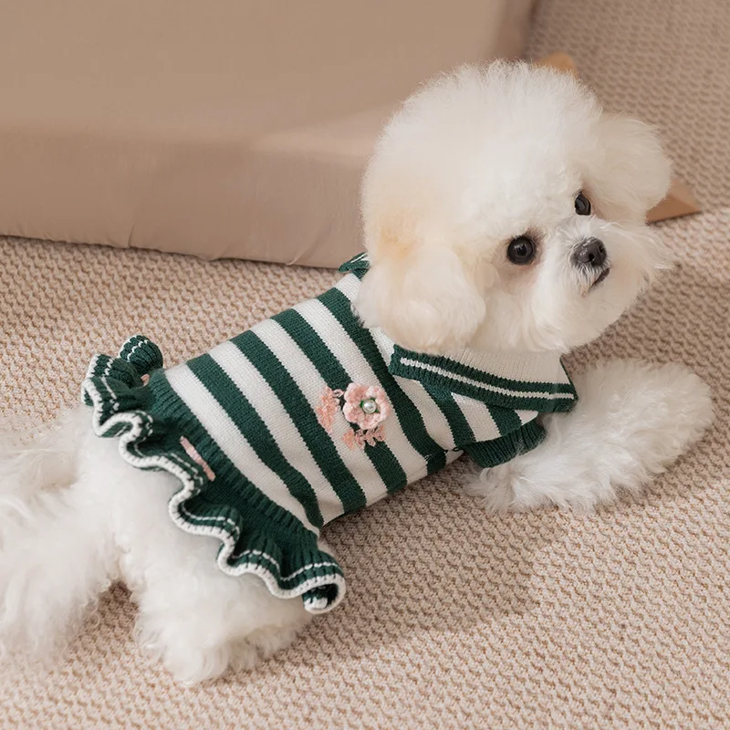 Pet Autumn/Winter Striped Knitted Princess Dress Flower Sweater Dress Pet Coat Dog Clothes for Small Dogs Puppy Clothes