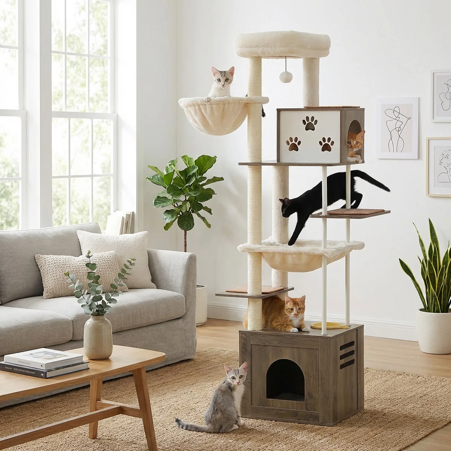 Torre rascador de madera para gatos con sisal y hamaca