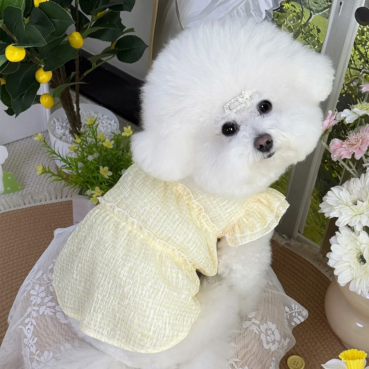Vestido para perros princesa a cuadros suave – Doble capa mangas volantes - imagen 2