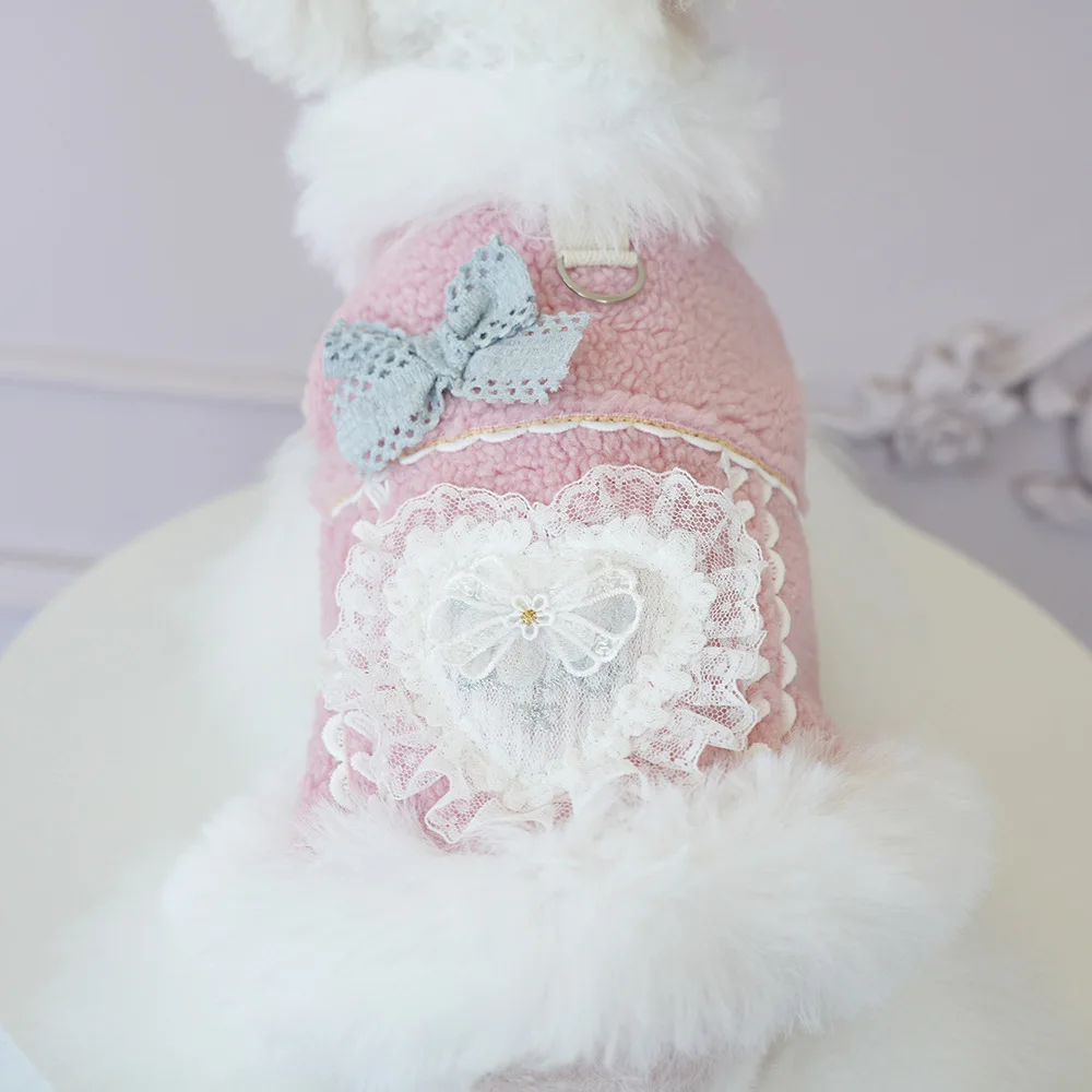 Chaqueta con cuello de felpa para mascotas, chaqueta de pana en forma de corazón de princesa, ropa para cachorros, ropa para perros pequeños, otoño e invierno - imagen 2