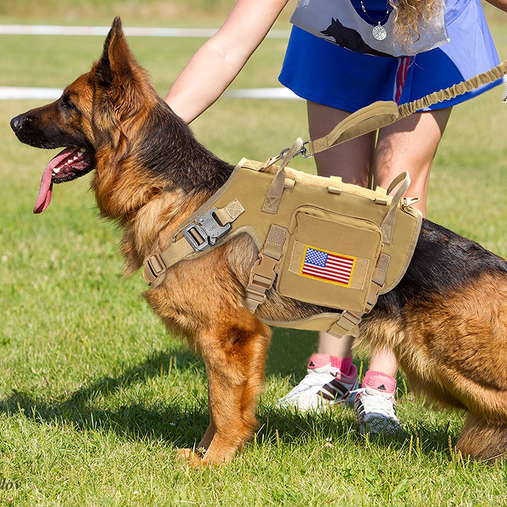 Arnés militar táctico para perros, conjunto de correa y Collar, arnés de entrenamiento duradero para perros grandes, chaleco MOLLE para perros grandes con bolsas, bandera - imagen 5