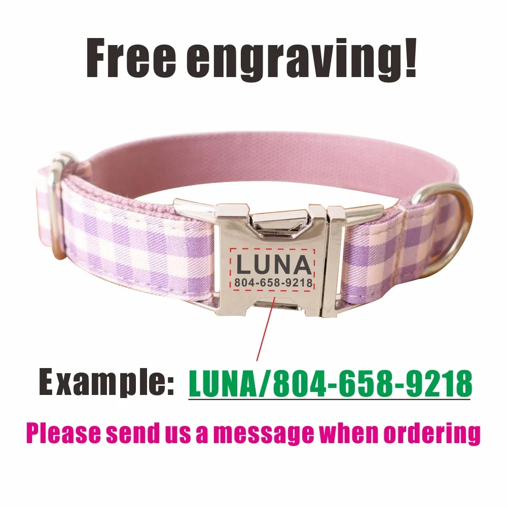 Collar personalizado para perro, Correa con grabado gratis, etiqueta de nombre de identificación, accesorio para mascotas, Pnik, Collar de cachorro a cuadros púrpura - imagen 4