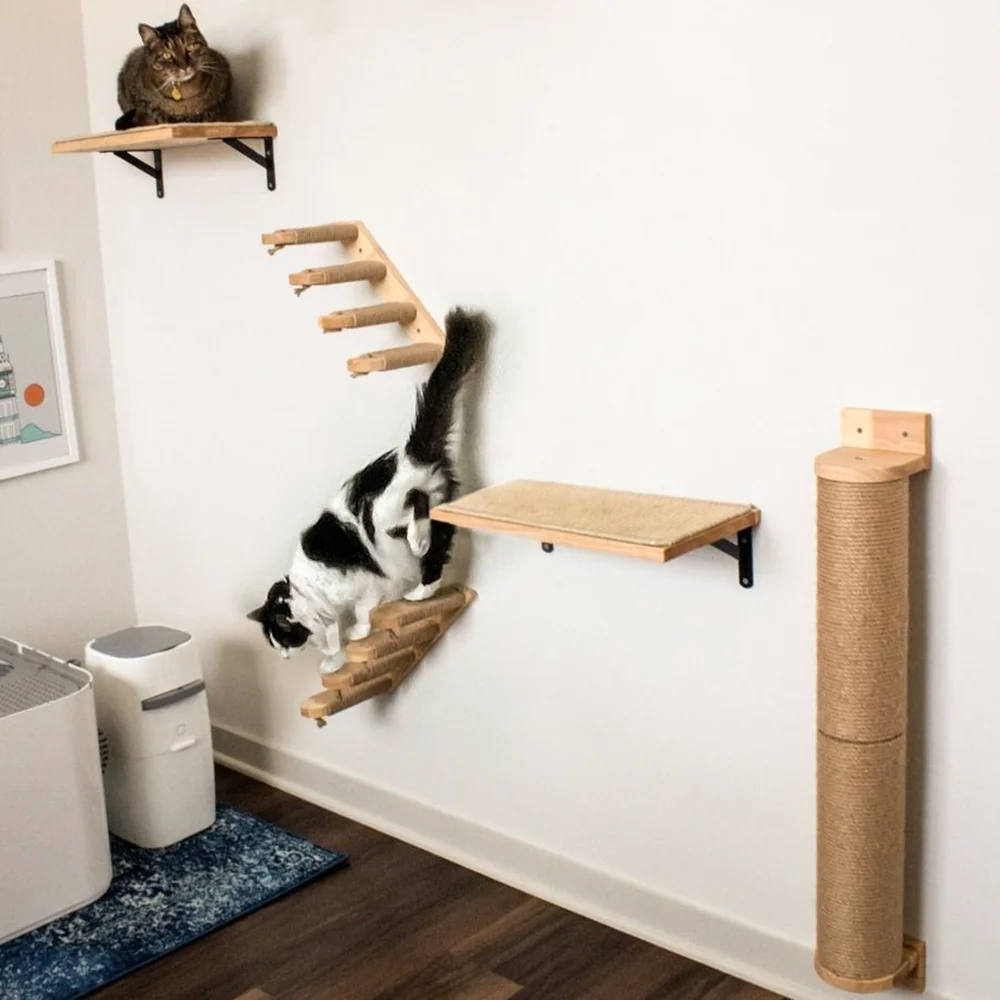 Muebles de pared para rascar gatos, hamaca montada, árbol para gatos, perchas de árbol trepadoras de madera, camas, juego de escaleras de Sisal para saltar gatos - imagen 4