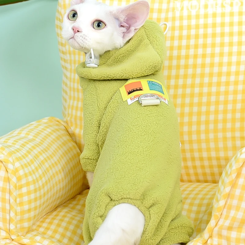 Suéter suave de cuatro patas de lana para gatos esfinges suéter grueso de invierno con capucha sudadera Roja y verde gatito devenrex abrigo otoño - imagen 4