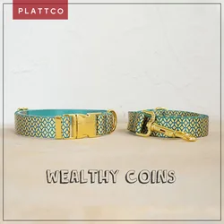 PLATTCO-Juego de perro de diseño único, acauladas estampado de monedas, hebilla dorada de alta calidad, tamaño 5, PDC305YG y PDL305YG