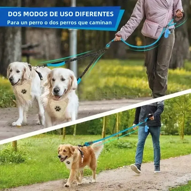 Correa doble reflectante para perros con dos asas extra para el tráfico: correa doble para caminar para perros giratoria 360 sin enredos, cómoda absorción de impactos - imagen 4