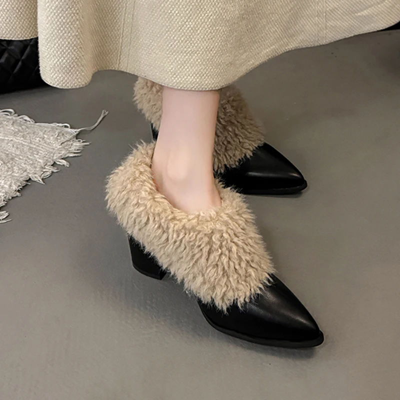 Warm Fluffy Fur Thick High Heel Pumps Women  Autumn Sexy Pointed Toe Furry Designer Ankle Boots Woman's Winter Short Boots - imagen 4