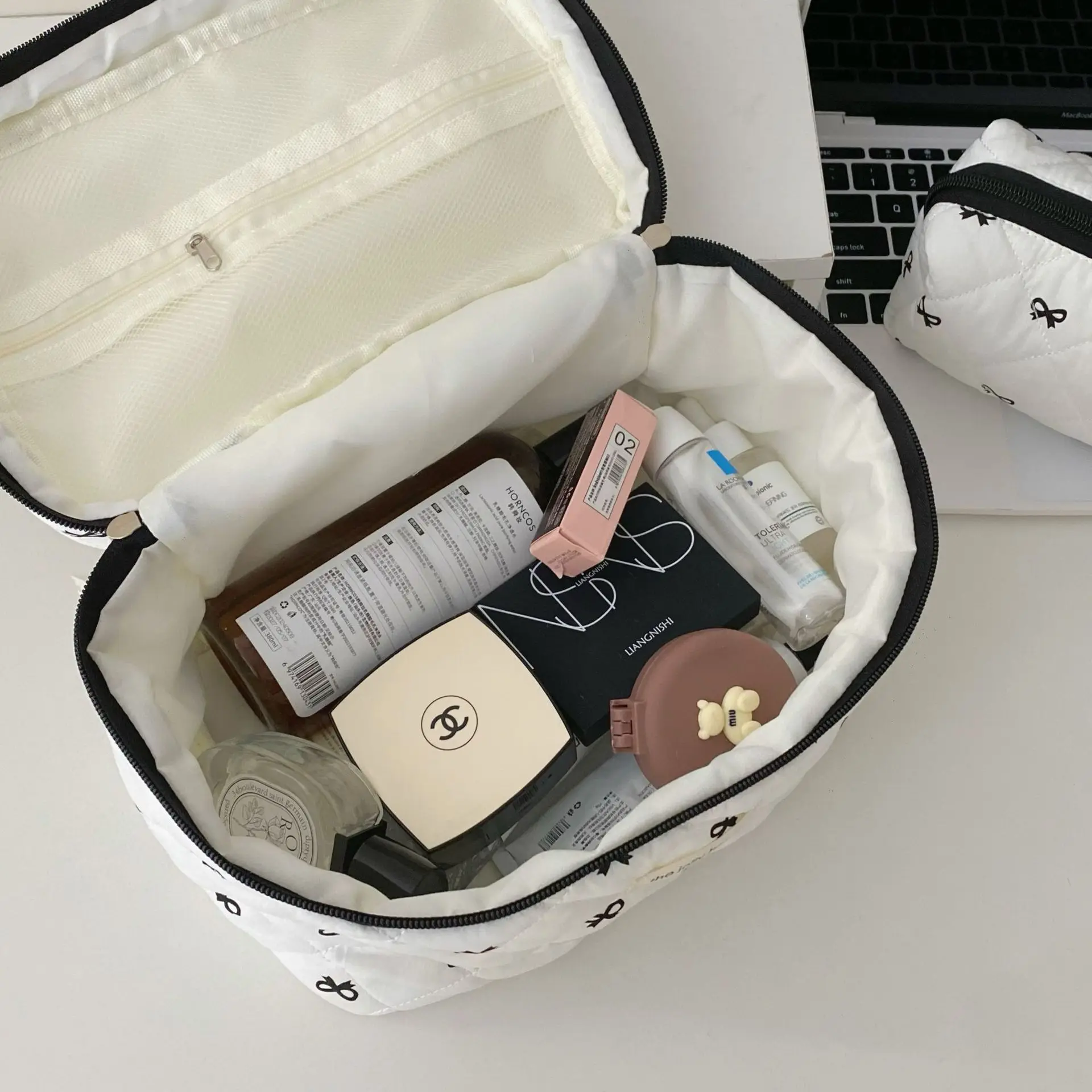 Bolso de cereza a la moda para mujer, bolsa de maquillaje portátil, bonita bolsa de almacenamiento de artículos de tocador y cosméticos, bolso de mano acolchado de algodón con cremallera - imagen 3